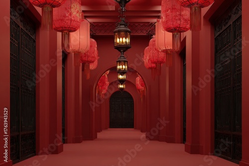 Vibrant Red Corridor Adorned With Lanterns and Intricate Tiles in Traditional...