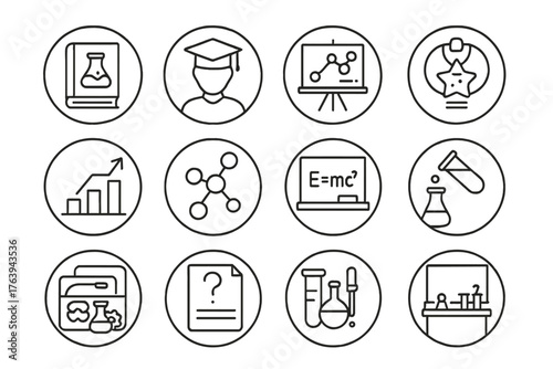 Scientific Education Icons. Line style round icons of scientific education: science book, student icon, science fair, lab badge;