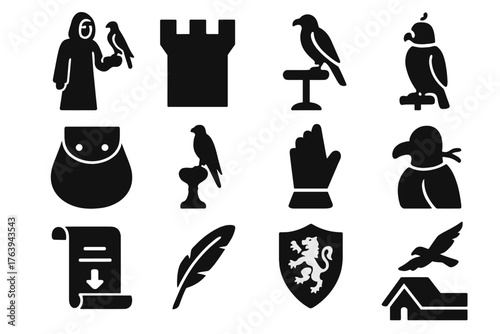 Medieval Falconry Icons. Solid style icons of Medieval Falconry: robed falconer, castle wall, falcon stand, leather pouch, stone