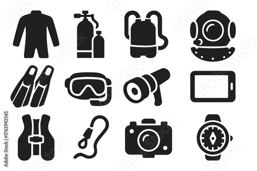 Diving Gear Icons. Solid style icons of Diving Equipment: diving suit, oxygen tank, rebreather, diving helmet, fins, mask,