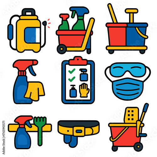 Janitorial Equipment Icons. Flat vector icons of janitorial equipment and tools: sanitizer sprayer backpack, cleaner caddy with