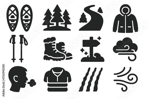 Snowshoeing Icons Collection. Solid style icons of Snowshoeing: snowshoe gear, pine forest, snowy trail, winter coat, trekking