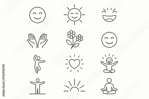 Happiness and mindfulness line icons — joy, positivity, and emotional wellbeing concept