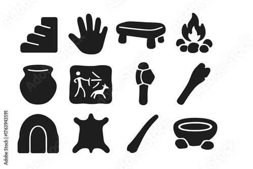 Ancient Cave Icons. Solid style icons of ancient cave dwellings: Carved staircase, handprint on wall, stone bed, fire pit, clay