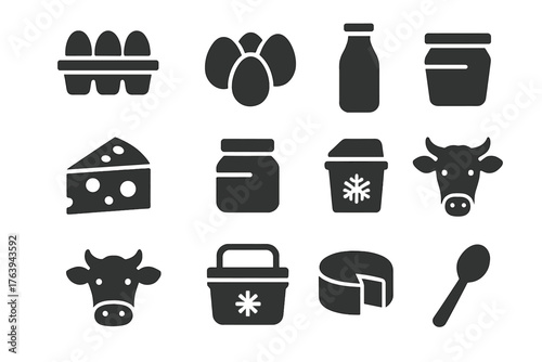 Eggs & Dairy Icons. Solid style icons of Egg and Dairy Stalls: farm egg carton, brown eggs, milk bottle, cheese wedge, cream jar,