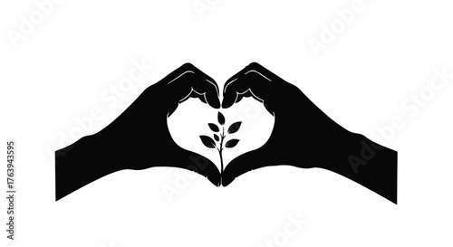 Hands forming a heart shape around a delicate green sprout, symbolizing growth, care, and hope for nature