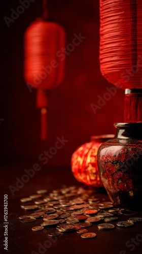 Red Lanterns and Decorative Vases With Coins During a Festive Celebration at ...