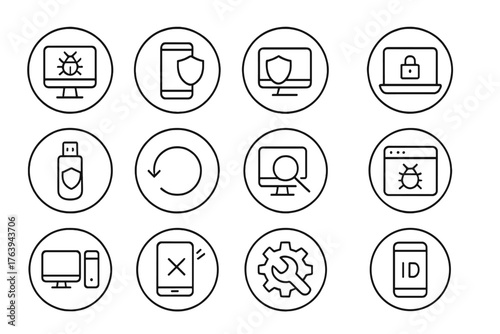 Endpoint Protection Icons. Line style round icons of endpoint protection: antivirus app, mobile shield, device security, laptop