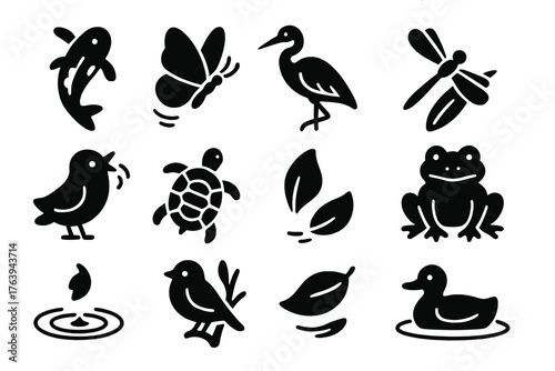 Garden Wildlife Icons. Solid style icons of Garden wildlife and motion: koi fish, fluttering butterfly, resting crane, dragonfly