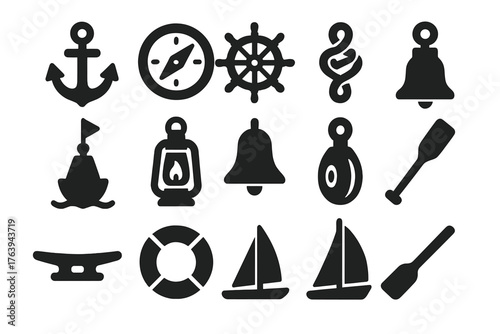Nautical Tools Icons. Solid style icons of Nautical Tools: anchor, compass, ship wheel, rope knot, buoy, lantern, bell, pulley