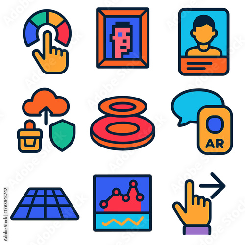 Virtual Reality Icons. Flat vector icons of virtual reality and metaverse items: gesture-based menu wheel, NFT art frame on wall,