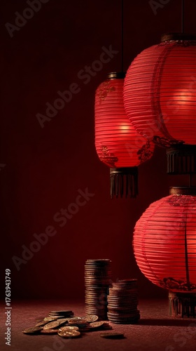 Red Lanterns and Decorative Vases With Coins During a Festive Celebration at ...