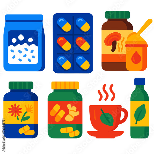 Vibrant Health Icons. Flat vector icons of health supplements and natural remedies: magnesium bath flakes pack, vitamin A capsule