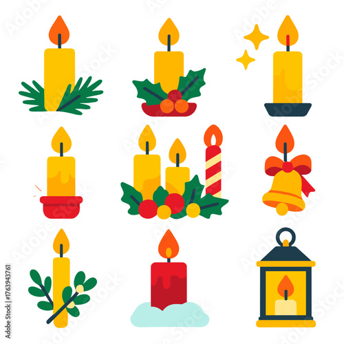 Festive Candle Icons. Flat vector icons of Christmas candles: single wax candle with pine needles, candle in red holder with holly