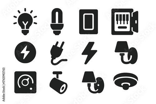 Electricity Icon Set. Solid style icons of Light and Power: glowing bulb, LED light, light switch, fuse box, energy symbol, power