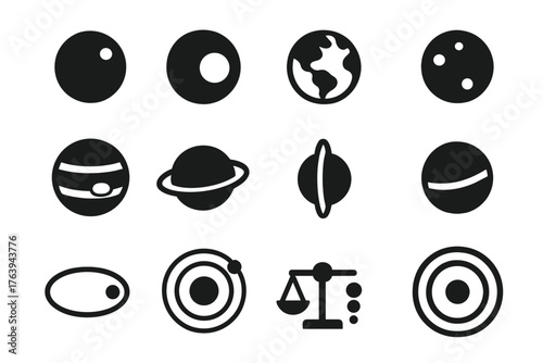 Solid Solar Icons. Solid style icons of Solar system planets and orbits: Mercury, Venus, Earth, Mars, Jupiter, Saturn, Uranus,