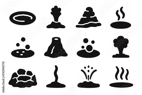 Geyser Icon Series. Solid style icons of Geyser: hot spring pool, water eruption, mineral deposit, rising steam, boiling surface,