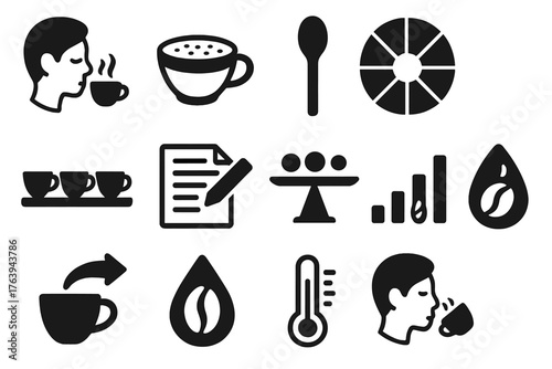 Espresso Tasting Icons. Solid style icons of Espresso tasting and cupping: aroma sniff, crema surface, tasting spoon, flavor wheel