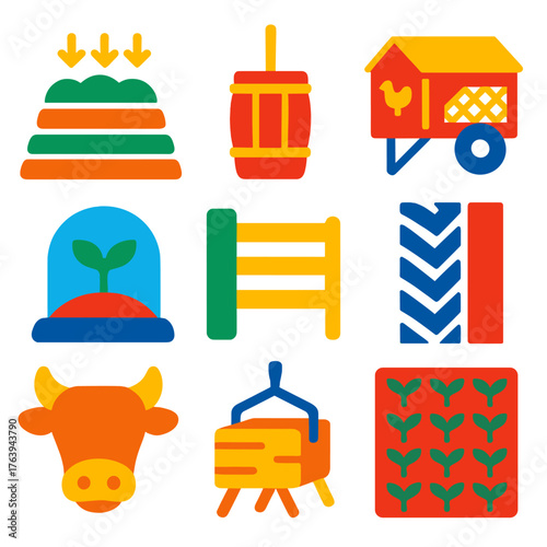Modern Farm Icons. Flat vector icons of farm glyph: compost layering icon, milk churning barrel, mobile chicken tractor. Seedling