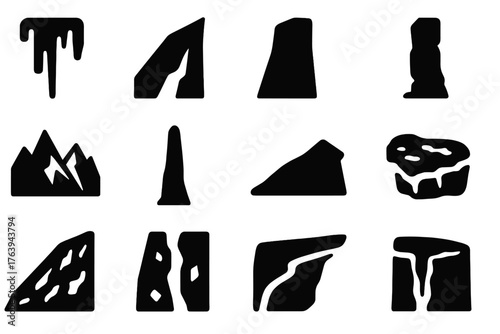 Ice Climbing Icons. Solid style icons of Climbing surfaces and formations: frozen waterfall, steep glacier face, vertical ice wall