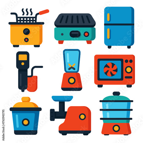 Flat Kitchen Appliance Icons. Flat vector icons of kitchen appliances: deep fryer, electric griddle, mini fridge. Sous vide device