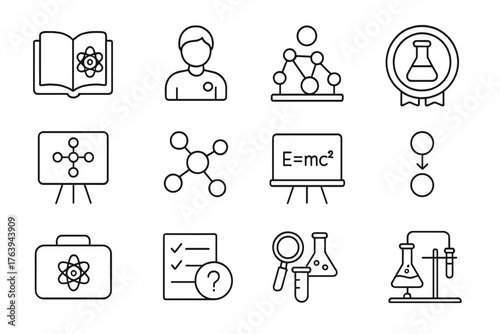 Scientific Education Icons. Line style round icons of scientific education: science book, student icon, science fair, lab badge;