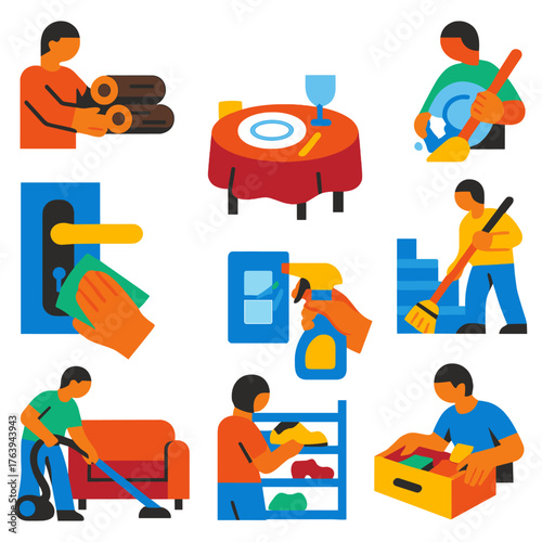Household Chore Icons. Flat vector icons of household chores: stacking firewood, setting table for dinner, rinsing dishes. Wiping