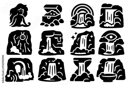 Mythical Waterfall Icons. Solid style icons of Myth and symbolism around waterfalls: water spirit, hidden treasure, sacred pool,