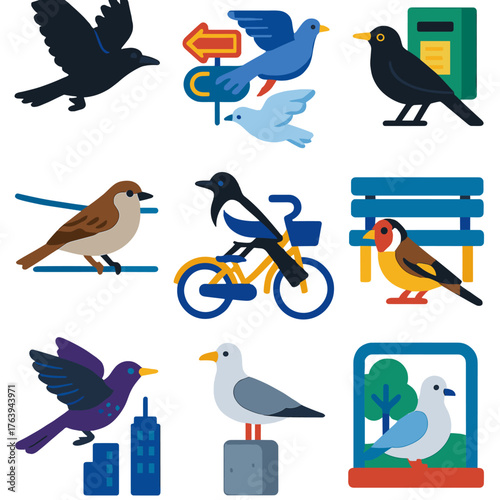 City Bird Icons. Flat vector icons of city birds: crow and dove flying in opposite directions, pigeon gliding between neon signs,
