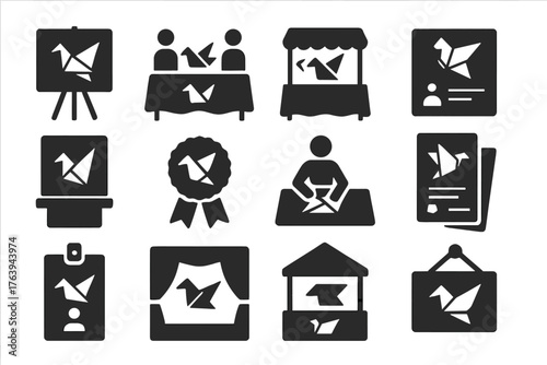 Origami Event Icons. Solid style icons of Origami display and events: gallery stand, folding contest, paper craft fair, table