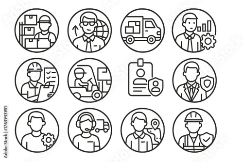 Logistics Roles Icons. Line style round icons of logistics roles and teams: warehouse staff, logistics manager, delivery driver,