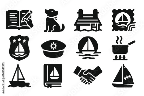 Sailing Icons Collection. Solid style icons of Sailing lifestyle and culture: logbook entry, boat dog, harbor dock, travel stamp,