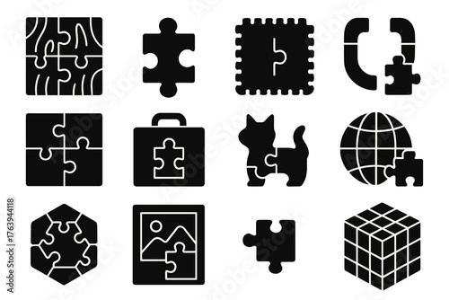 Variety of Puzzle Icons. Solid style icons of Puzzle Variations: wooden puzzle, cardboard puzzle, foam puzzle, magnetic puzzle,