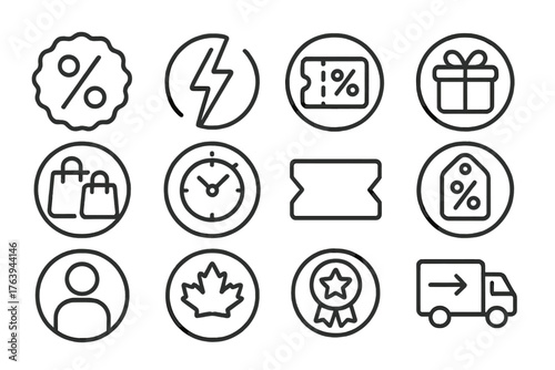 Promotions Line Icons. Line style round icons of promotions and sales: discount badge, flash sale, coupon code, special offer;