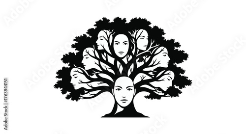 Abstract tree with faces growing from branches, symbolizing unity and diversity