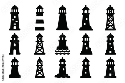 Historic Lighthouse Icons. Solid style icons of Historic lighthouse designs: stone tower, red stripe tower, white conical light,