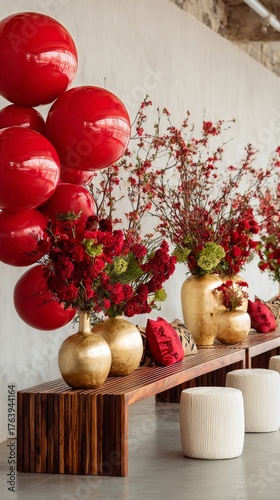 Vibrant Red Decorations Enhance Event Space With Flowers and Balloons