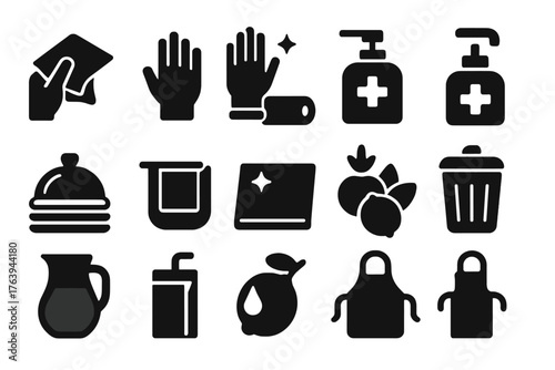 Health Hygiene Icons. Solid style icons of Health and hygiene at the stand: hand wipes, clean gloves, napkin roll, sanitizer