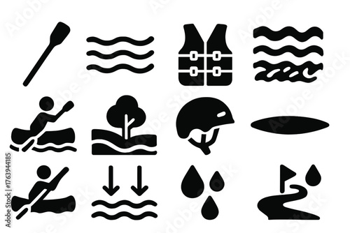 Canoeing Adventure Icons. Solid style icons of Canoeing: canoe oar, flowing river, life jacket, river rapids, paddling motion,