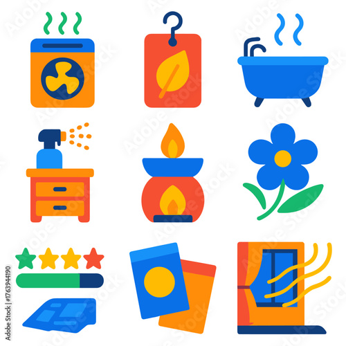 Bold Aroma Icons. Flat vector icons of home fragrance and air freshening: fan-powered aroma diffuser, scented card hanging on wall