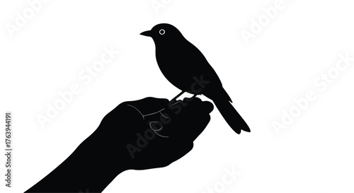 Gentle silhouette of a small bird perched on an outstretched open hand against a white background.