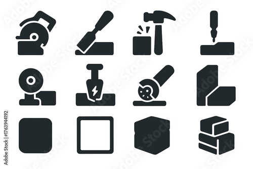 Stone Tool Icons. Solid style icons of Cutting and Shaping: stone saw, chisel tool, hammer strike, carving drill, stone polishing