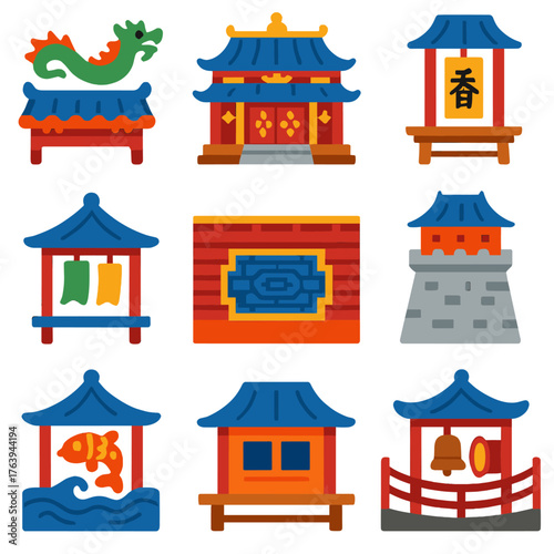 Asian Architecture Icons. Flat vector icons of Japanese Chinese architecture: dragon-decorated roof ridge, sacred hall with golden