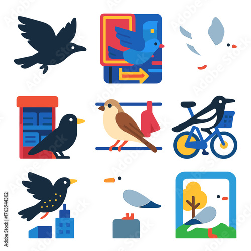 City Bird Icons. Flat vector icons of city birds: crow and dove flying in opposite directions, pigeon gliding between neon signs,