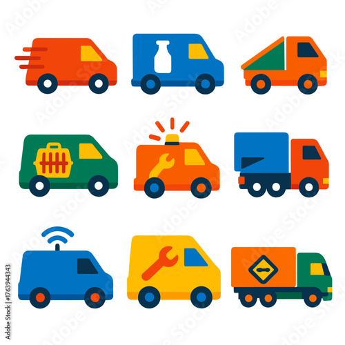Colorful Flat Vehicle Icons. Flat vector icons of van, truck and lorry: express shipping van with motion lines, milk delivery