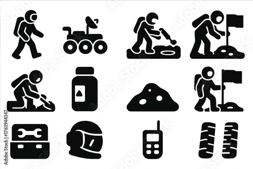 Lunar Exploration Icons. Solid style icons of Lunar Exploration: astronaut walking, rover driving, lander descent, crater