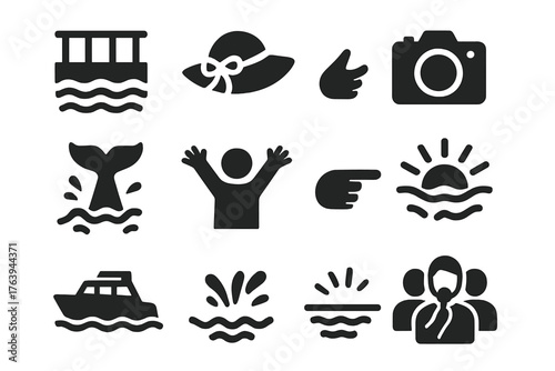 Sea Adventure Icons. Solid style icons of Sea Adventure: open deck, ocean breeze, sun hat, camera click, whale tail splash,