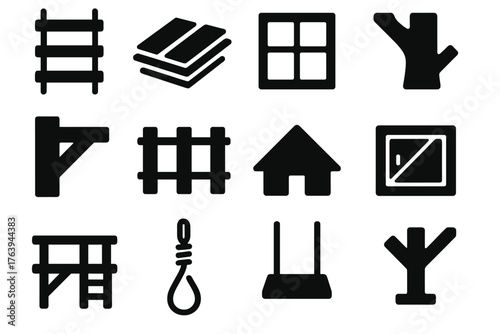 Treehouse Essentials Icons. Solid style icons of Treehouse essentials: rope ladder, wood planks, window, tree trunk, support beam,