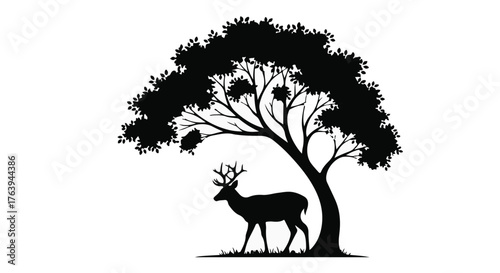 Majestic stag stands peacefully beneath the sprawling branches of a silhouette tree.