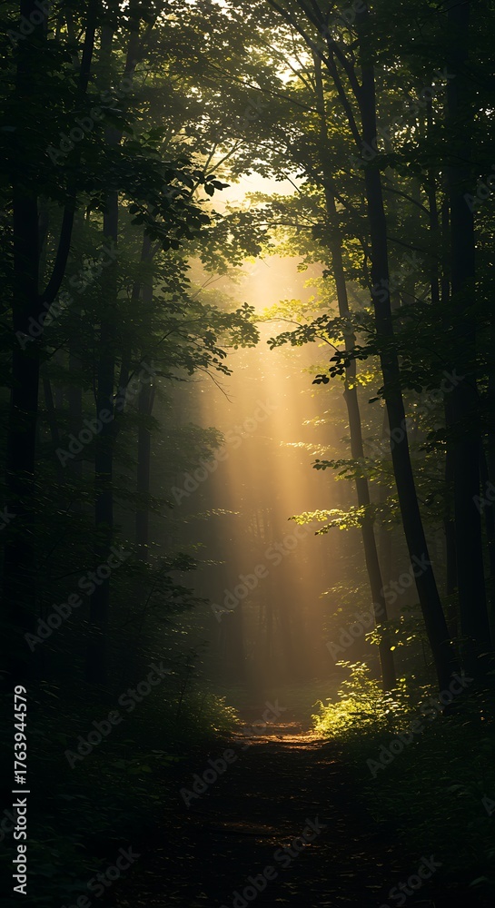Fototapeta premium Sunlight streaming through trees in a tranquil forest setting